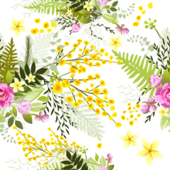Abwaschbare Fototapete Seamless spring background with mimosa and flowers. Hand drawing. Not AI. Vector illustration © Мария Неноглядова