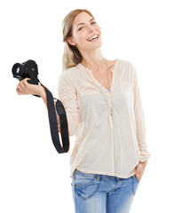 Portrait, photographer and smile of woman with camera in studio isolated on a white background....