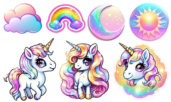 set , clip art, unicorns, clouds, sun, moon, cartoon, children's. nursery set of  elements, stickers. Isolated unicorns, rainbows, clouds, stars, etc are good for prints, cards, posters, kids apparel,