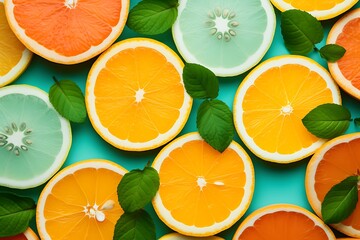 Creative layout made of citrus fruits on blue background. Flat lay, top view