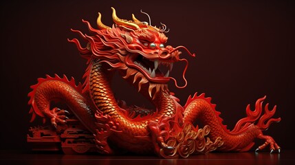 Obraz premium Traditional Chinese dragon on a dark red background for Chinese new year concept. Created with Generative AI