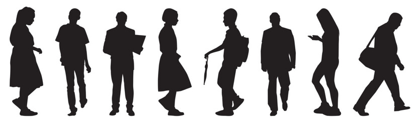 Group of people walking and standing silhouette. Set of people standing and walking.  - obrazy, fototapety, plakaty