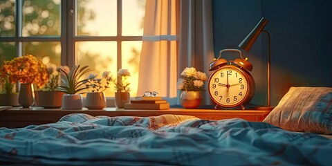 Vintage alarm clock heralds morning time ticking in antique bedroom. Early wake up call classic timer on table blending work and sleep. Retro style and lazy mornings reminder of day tasks in cozy room - obrazy, fototapety, plakaty