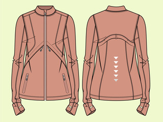 Ladies Workout Activewear Zip Through Funnel Neck Jacket - Front, Back Views - Gym, Sports, and Cycling Vector Flat Sketch