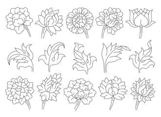 Set of contour flowers and leaves. Buddhist symbols, lotuses. Simple line pictures.