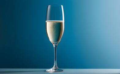 A champagne glass on a simple soft blue background, Valentine's Day, Christmas. Generative AI