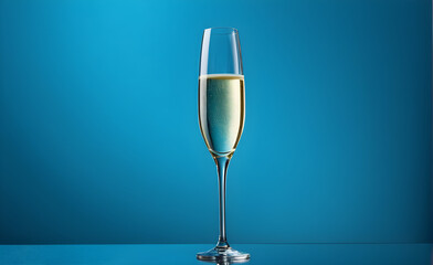 A champagne glass on a simple soft blue background, Valentine's Day, Christmas. Generative AI