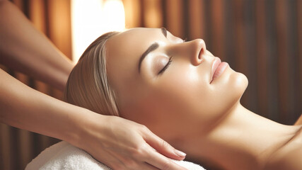 Naklejka premium Portrait of a beautiful gorgeous relaxed pleasant woman with neck pain, professional head acupuncture massage therapist, modern beauty spa, aroma oil. Massage therapist for face and body skin care