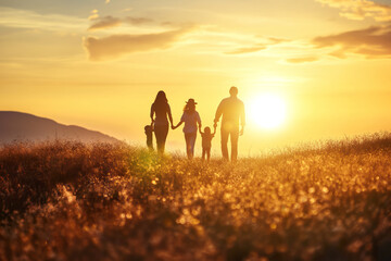Happy family walking in fields at sunset in nature