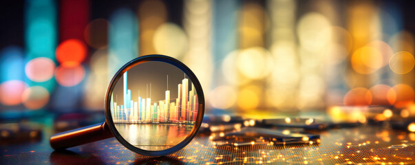 Magnifying Glass on Map, Exploring Locations and Market Opportunities. Business Control over quotes and shares. Market research. Trader.