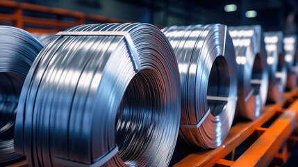 Galvanized steel rolls inside a factory or warehouse. Metallurgical production. Sheet metal for stamping. Selective focus.