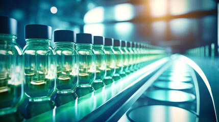 Fototapeta premium Row of Glass Bottles on Counter. Bottles with medicines on the conveyor. Selective focus. Close-up.