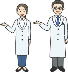 案内する白衣姿の男女のイラスト
