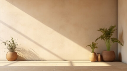 Room interior empty living room background in sunlight and shadows. Modern summer minimal with Generative Ai.
