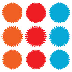 Starburst sticker. Vector. Star burst price icon. Round sale tag badge. Circle sale buttons. Sunburst label isolated on white background. Set red shapes. Color illustration. eps 10