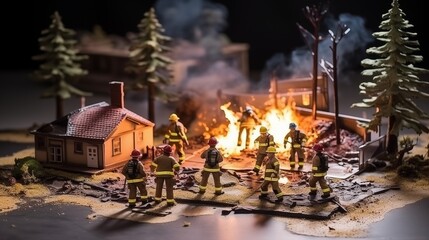 miniature model of firefighters against the fire. accident rescue extinguishing flames by fire fighters toy figures - obrazy, fototapety, plakaty