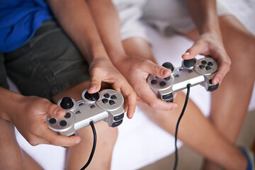 Children, hands and video game controller in a house for gaming, subscription or entertainment...