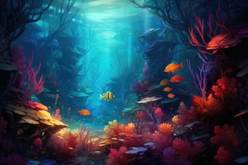 Fototapeta na wymiar Realistic Underwater World, Colorful life on underwater coral reef, Realistic photo of the underwater Ai generated