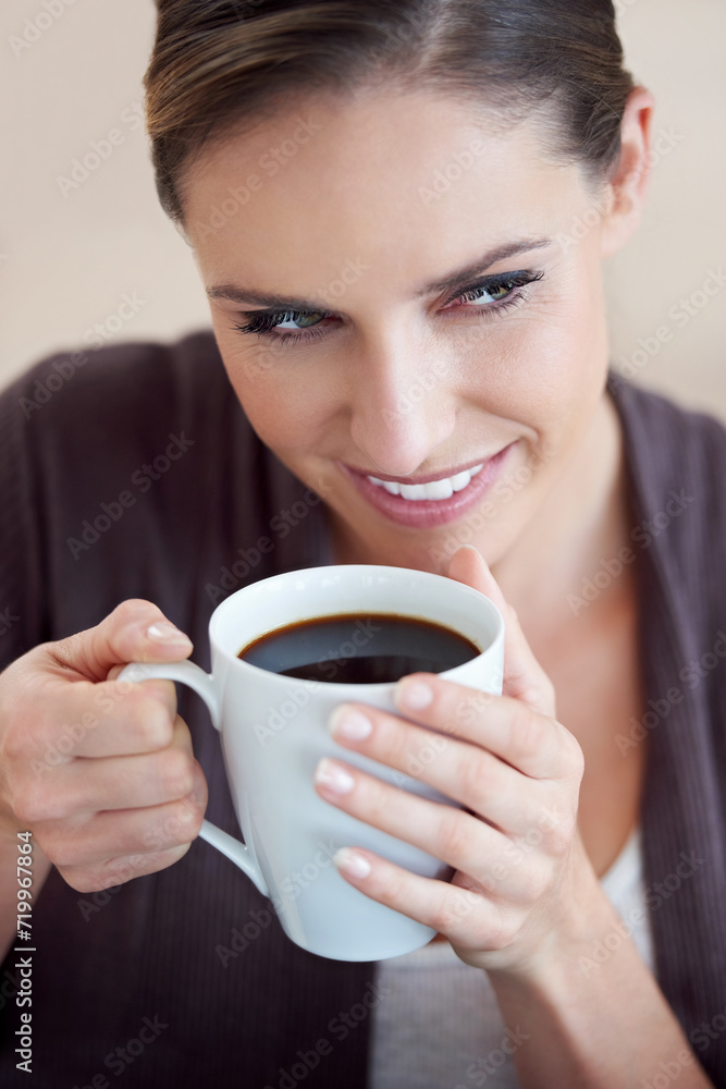 Poster Woman, coffee and smile, relax in apartment for comfort or morning routine with warm drink. Caffeine beverage, latte or espresso smell with peace and calm for chill at home with positive attitude