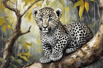 oil painting style illustration, cute leopard pub on tree