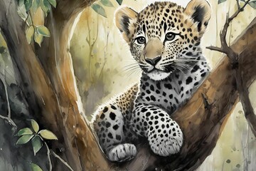oil painting style illustration, cute leopard pub on tree