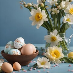 Easter still life with eggs and spring flowers on a blue background