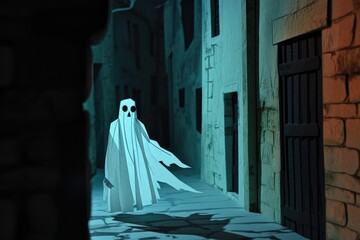 A mysterious figure in a ghost costume standing in a dimly lit alleyway illustration of a ghost