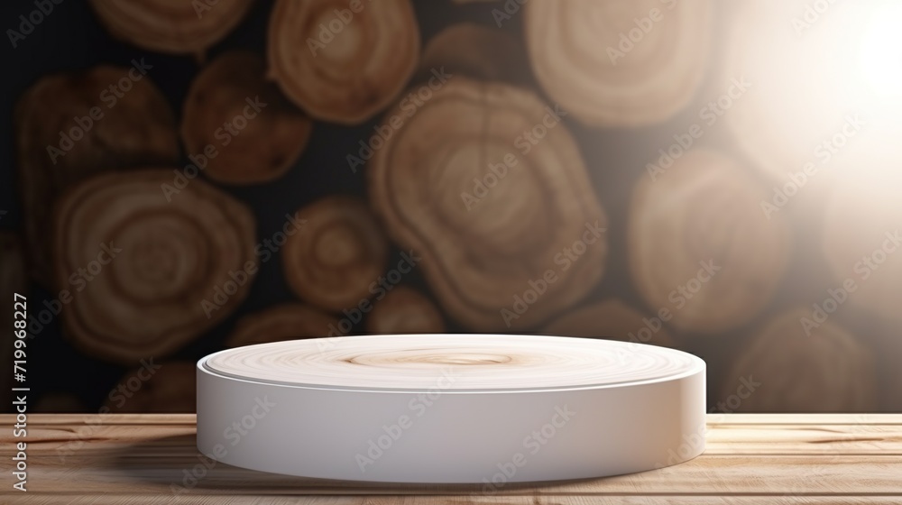 Poster empty round wood table counter or podium for product display and presentation concept on a wooden te