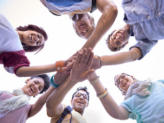 Students, portrait or happy in huddle, outdoor or scholarship opportunity at college for...