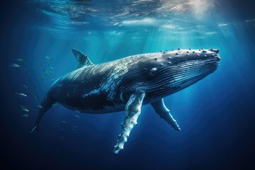 Fototapeta premium Whale swimming in the Blue Ocean, Underwater scene. 3d render, Sperm whale swimming underwater, AI Generated