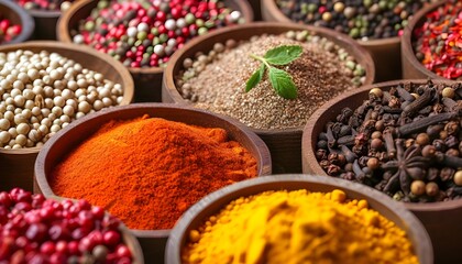 Assortment of various aromatic spices used for seasoning meals