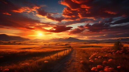 A breathtaking golden sunrise illuminating a vast open field