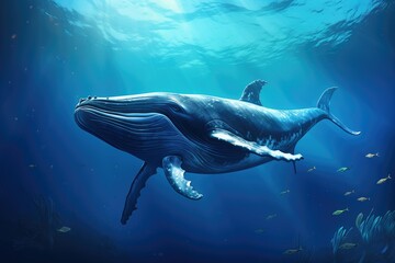 Whale swimming in the Blue Ocean, Underwater scene. 3d render, Sperm whale swimming underwater, AI Generated