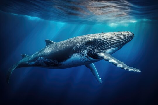 Whale swimming in the Blue Ocean, Underwater scene. 3d render, Sperm whale swimming underwater, AI Generated