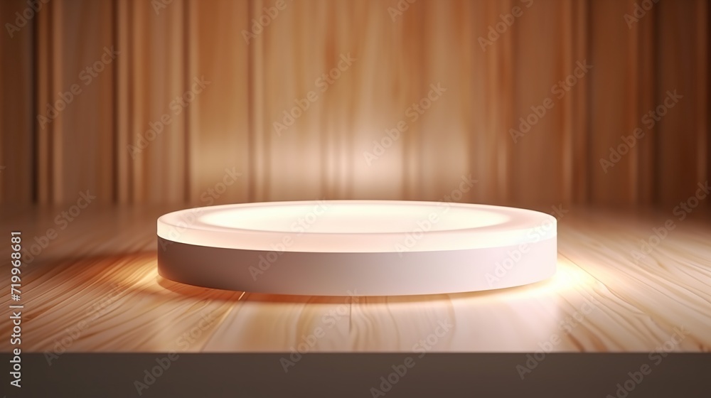 Poster empty round wood table counter or podium for product display and presentation concept on a wooden te