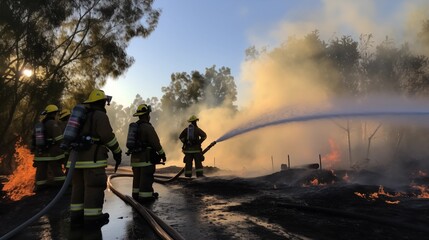 Firefighters spraying down extinguishing a fire flame on fire engine