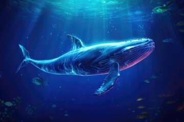 Whale swimming in the Blue Ocean, Underwater scene. 3d render, Sperm whale swimming underwater, AI...