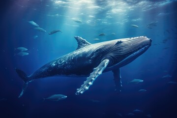 Fototapeta premium Whale swimming in the Blue Ocean, Underwater scene. 3d render, Sperm whale swimming underwater, AI Generated