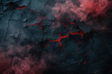 cracked black cement texture with red smoke. horror background