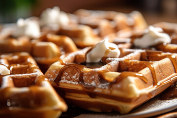 Close up of dessert waffles on table.