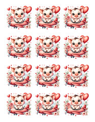 Cute Pig Flowers Heart Sticker. Valentines Day Stickers Set 