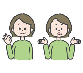 困った表情の女性　OKポーズの女性