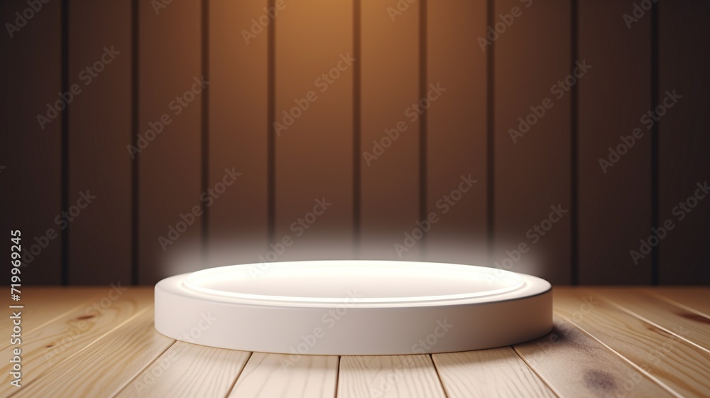 Poster empty round wood table counter or podium for product display and presentation concept on a wooden te
