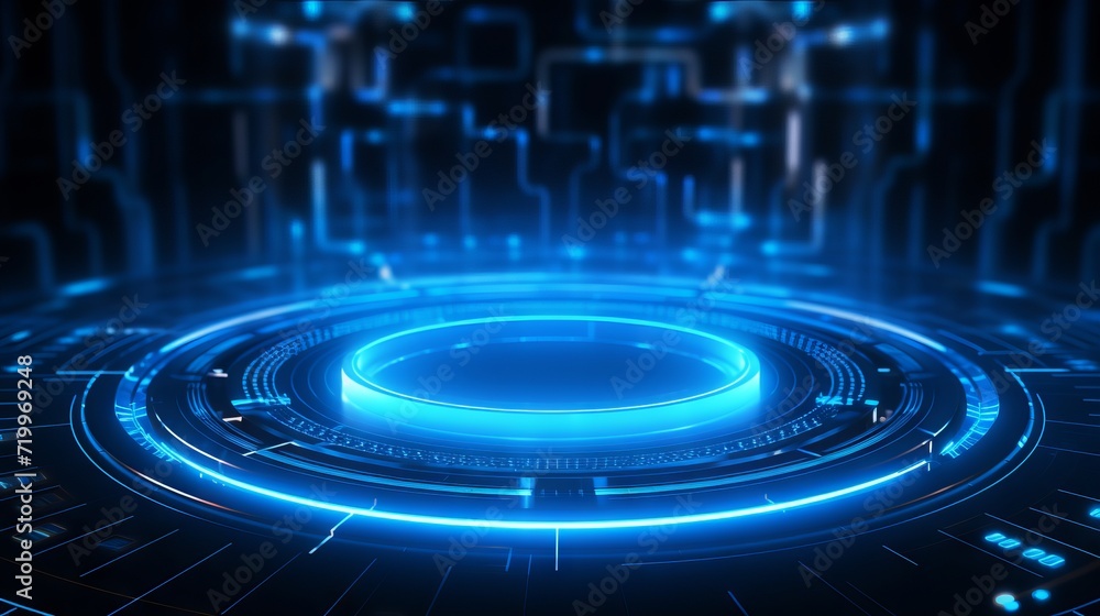 Poster blue tech wonderland: abstract digital circles on a futuristic background with ample copy space