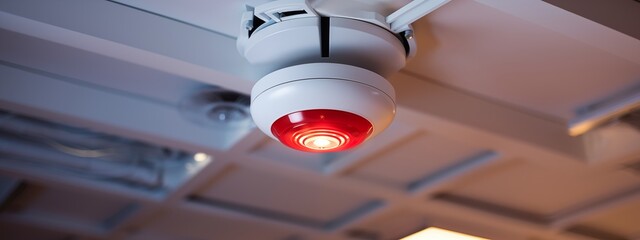 Smoke detector on ceiling. Fire sensor used to activate warning systems control and security in building - obrazy, fototapety, plakaty