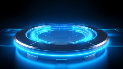 Blue hologram portal: magical fantasy podium with sci-fi holographic effect - abstract futuristic technology design, circular shape with illuminated lights - adobe stock image