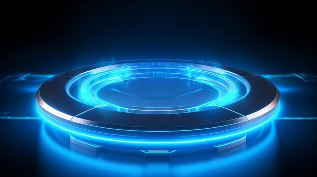 Blue hologram portal: magical fantasy podium with sci-fi holographic effect - abstract futuristic technology design, circular shape with illuminated lights - adobe stock image
