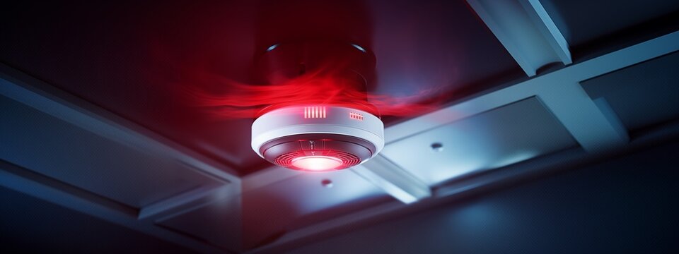 Smoke detector on ceiling. Fire sensor used to activate warning systems control and security in building