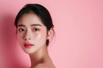 Fototapeta premium Graceful Asian Woman with Natural Makeup,Elegant portrait of a young Asian woman with soft natural makeup on a gentle pink background, embodying subtle beauty. 