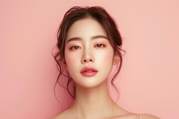 Graceful Asian Woman with Natural Makeup,Elegant portrait of a young Asian woman with soft natural makeup on a gentle pink background, embodying subtle beauty.
